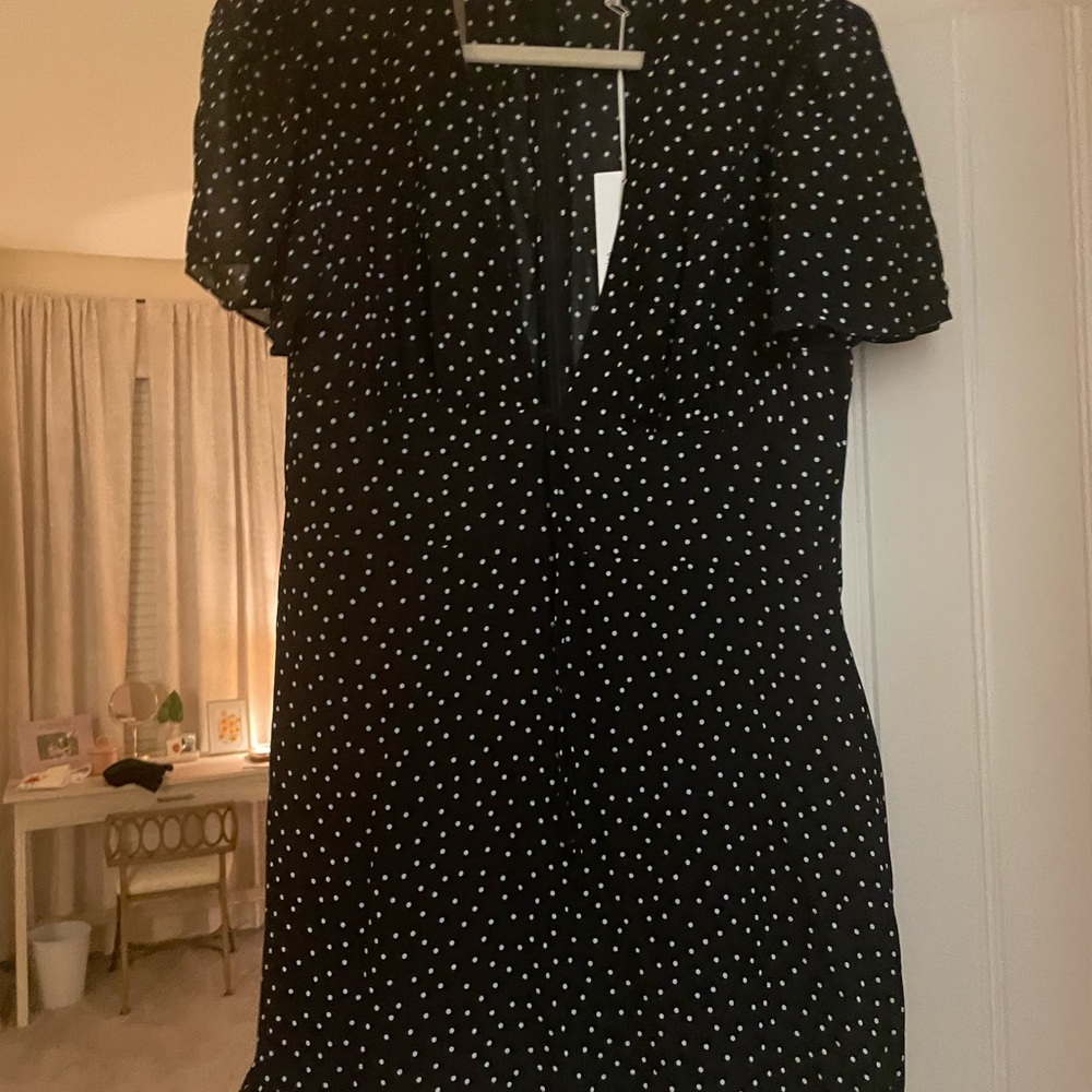 Reformation Black Mini Dress with White Polka Dots